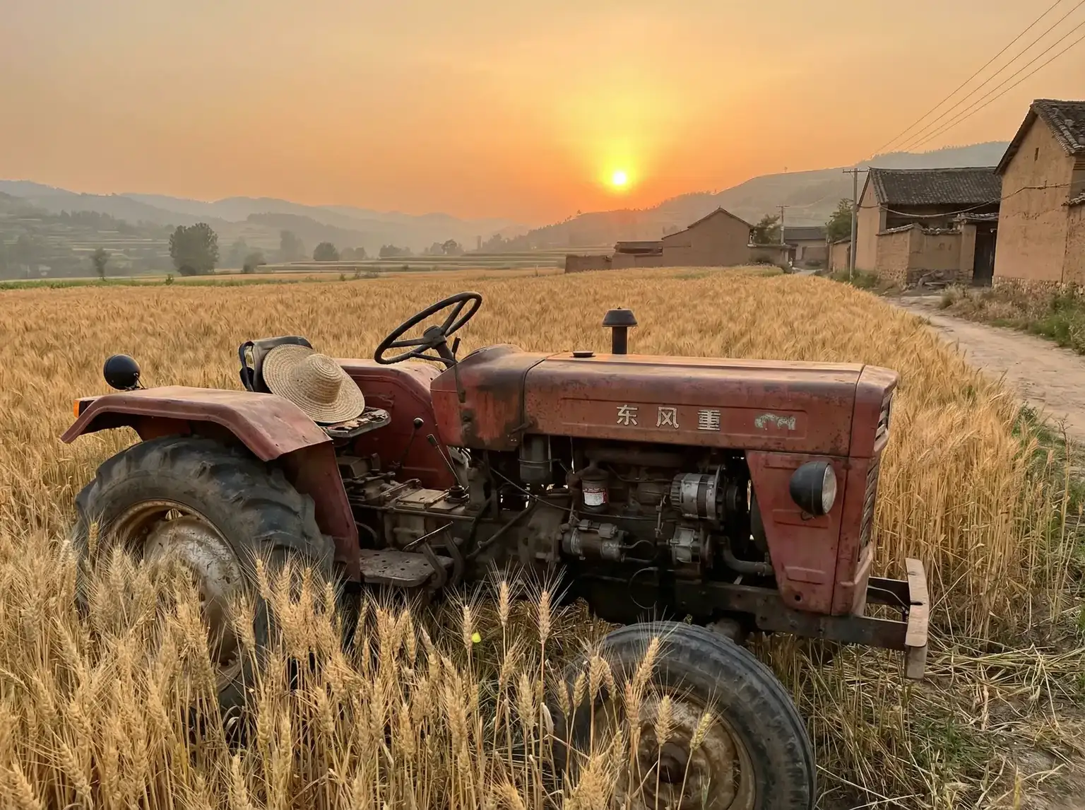 夕阳下的老式拖拉机停在麦田边 - soe-651 田间记忆